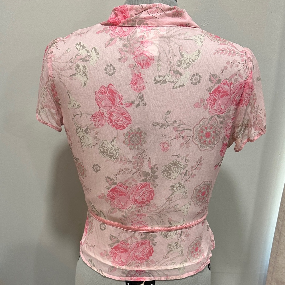 Y2K Worthington coquette Pink Floral Short Sleeve  10 silk sheer top fairy - Picture 4 of 8